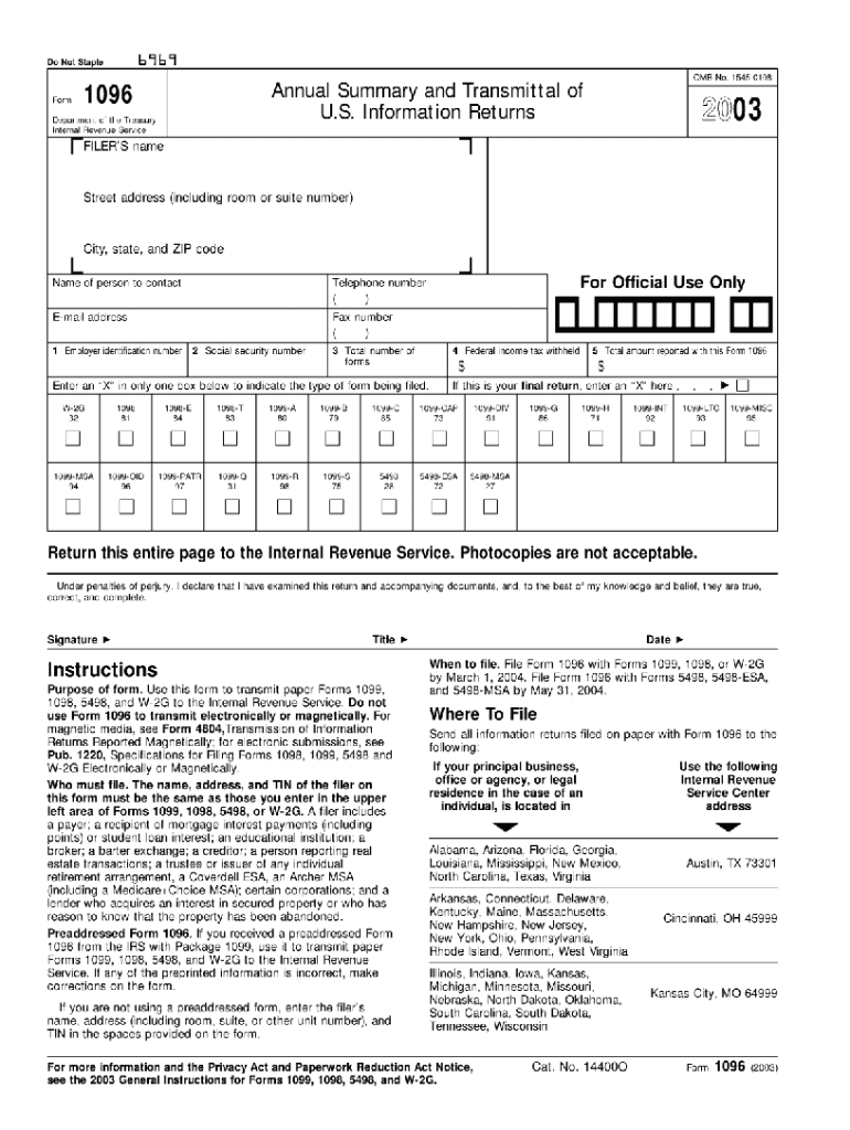 2003 Form IRS 1096 Fill Online Printable Fillable Blank PdfFiller 2003 Form IRS 1096 Fill Online Printable Fillable Blank PdfFiller