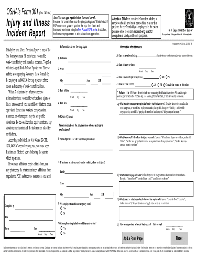 2004 2026 Form DoL OSHA 301 Fill Out Sign Share Online PdfFiller 2004 2026 Form DoL OSHA 301 Fill Out Sign Share Online PdfFiller
