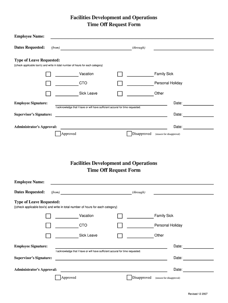 2007 2026 Facilities Development And Operations Time Off Request Form Fill Out Sign Share Online PdfFiller 2007 2026 Facilities Development And Operations Time Off Request Form Fill Out Sign Share Online PdfFiller