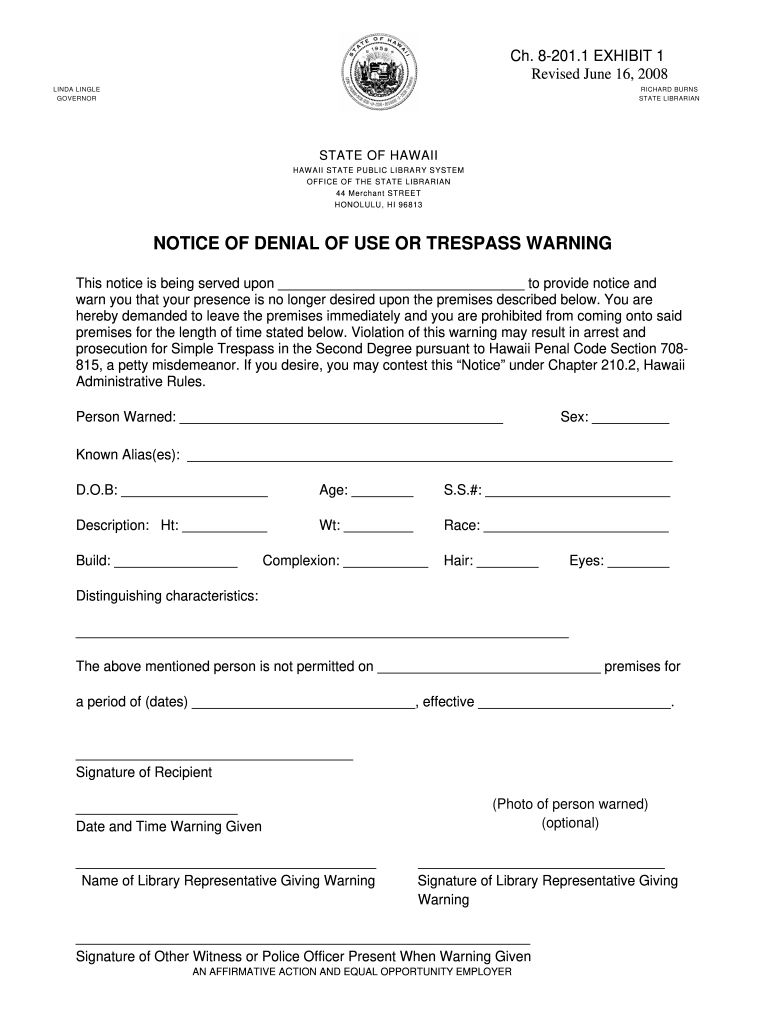 2008 2026 Form HI Notice Of Denial Of Use Or Trespass Warning Fill Out Sign Share Online PdfFiller
