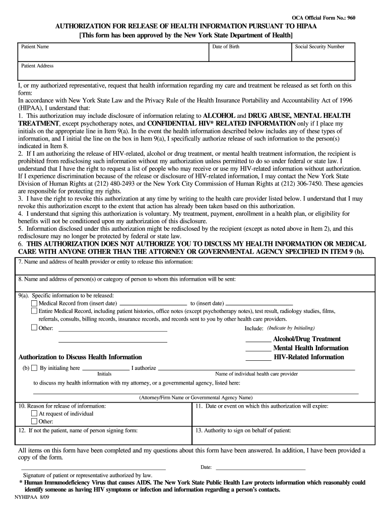 2009 2026 OCA Official Form 930 NYHIPAA Fill Out Sign Share Online PdfFiller