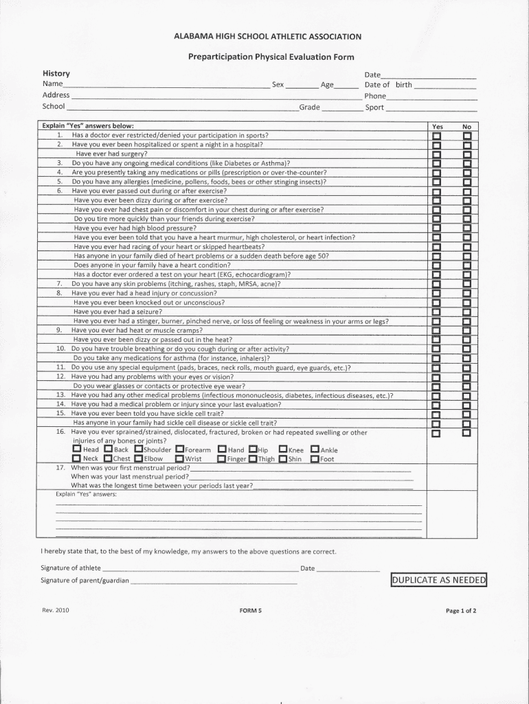 2010 2026 AL Preparticipation Physical Evaluation Form Fill Out Sign Share Online PdfFiller