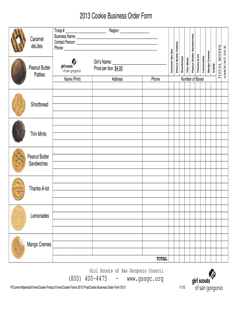 2013 2026 CA Girl Scouts Of San Gorgonio Council Cookie Business Order Form Fill Out Sign Share Online PdfFiller