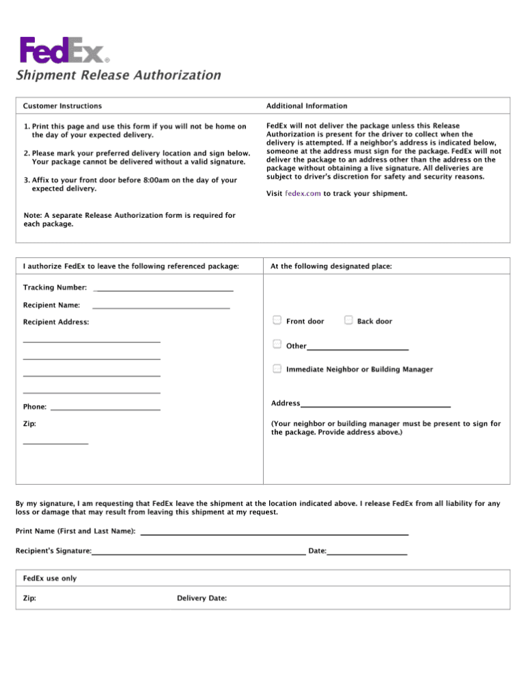 2016 2026 Form FedEx Shipment Release Authorization Fill Out Sign Share Online PdfFiller