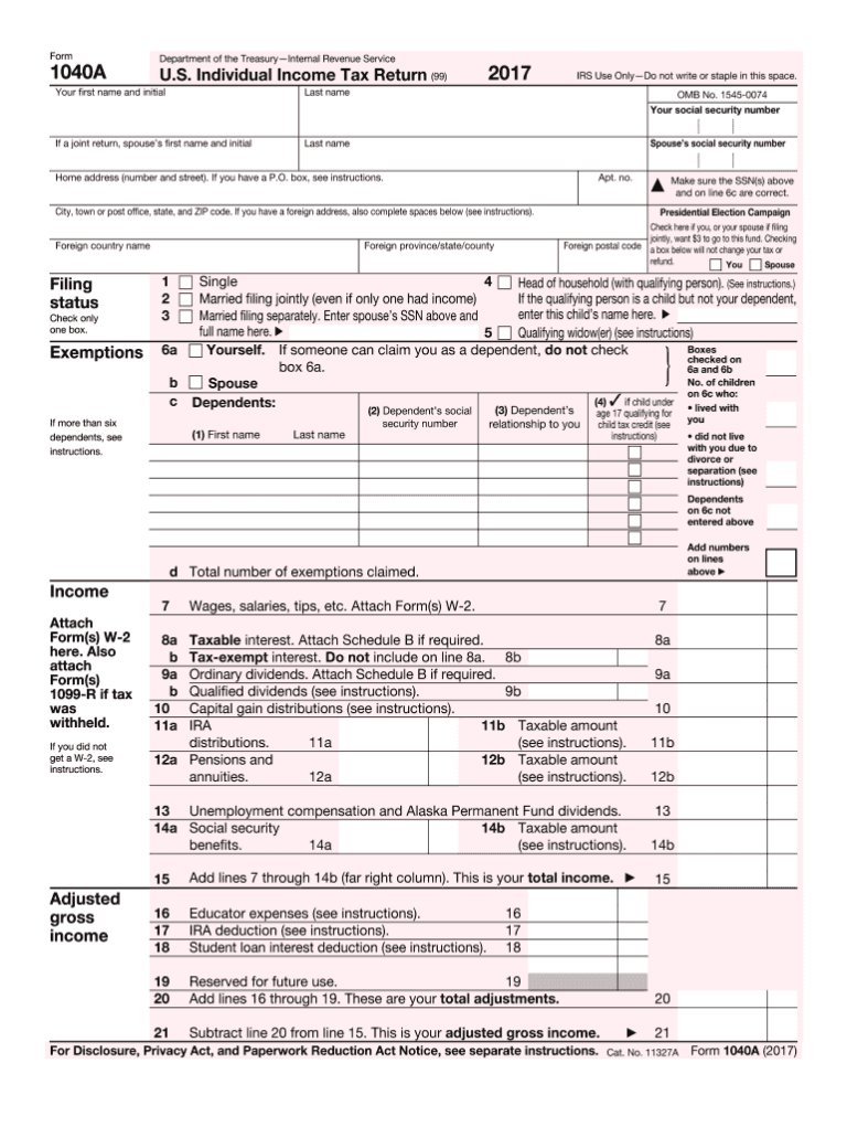2017 2026 Form IRS 1040 A Fill Online Printable Fillable Blank PdfFiller