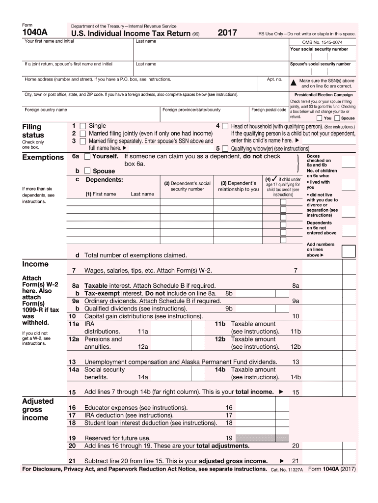 2017 2026 Form IRS 1040 A Fill Online Printable Fillable Blank PdfFiller