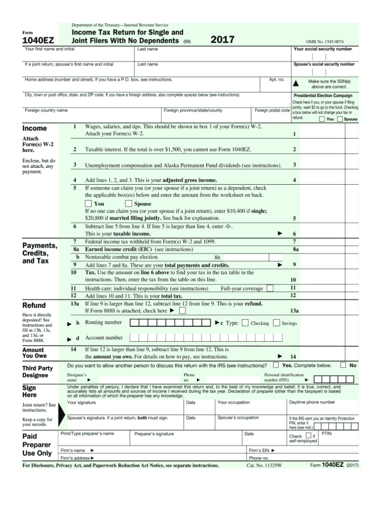 2017 2026 Form IRS 1040 EZ Fill Online Printable Fillable Blank PdfFiller