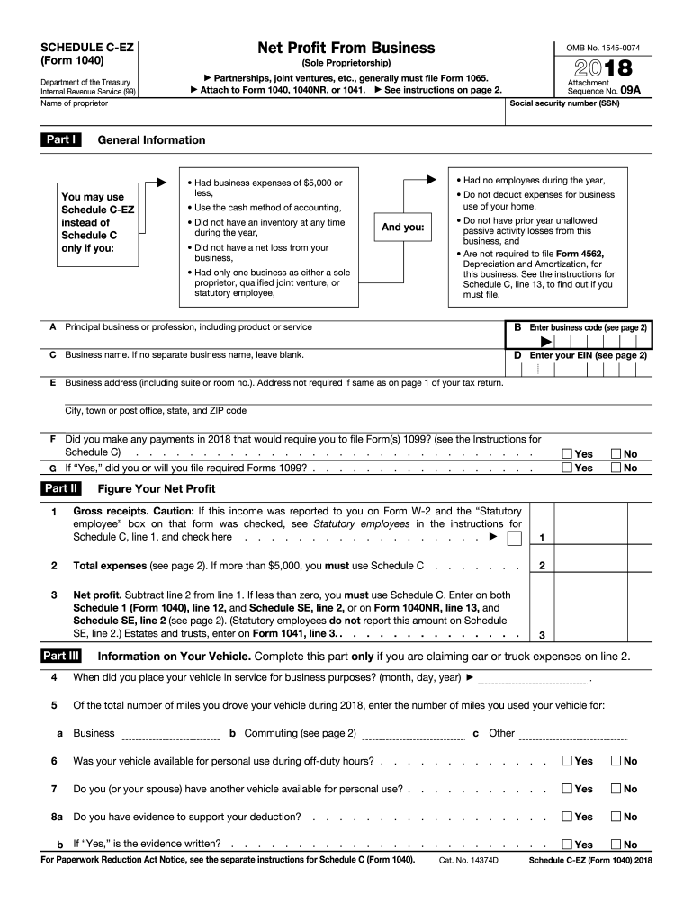 2018 2026 Form IRS 1040 Schedule C EZ Fill Online Printable Fillable Blank PdfFiller 2018 2026 Form IRS 1040 Schedule C EZ Fill Online Printable Fillable Blank PdfFiller