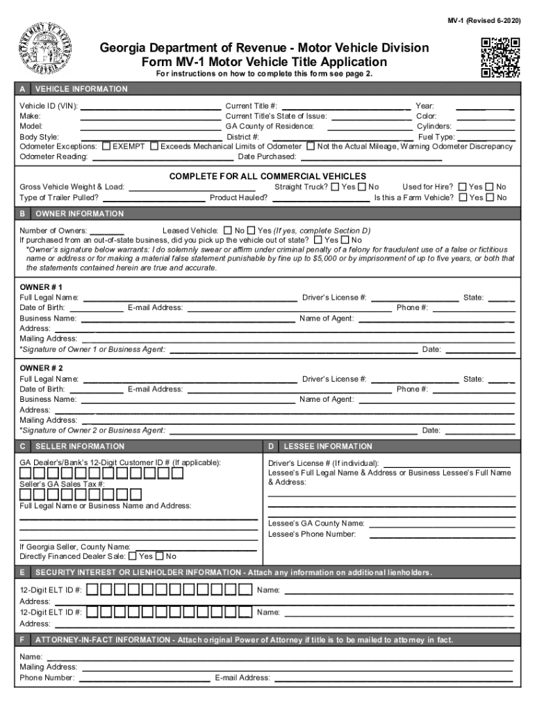 2020 2026 Form GA MV 1 Fill Out Sign Share Online PdfFiller