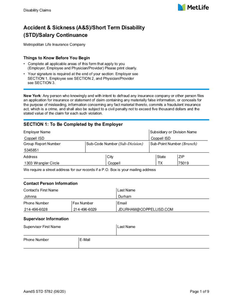 2020 2026 Form MetLife A S STD 5782 Fill Out Sign Share Online PdfFiller