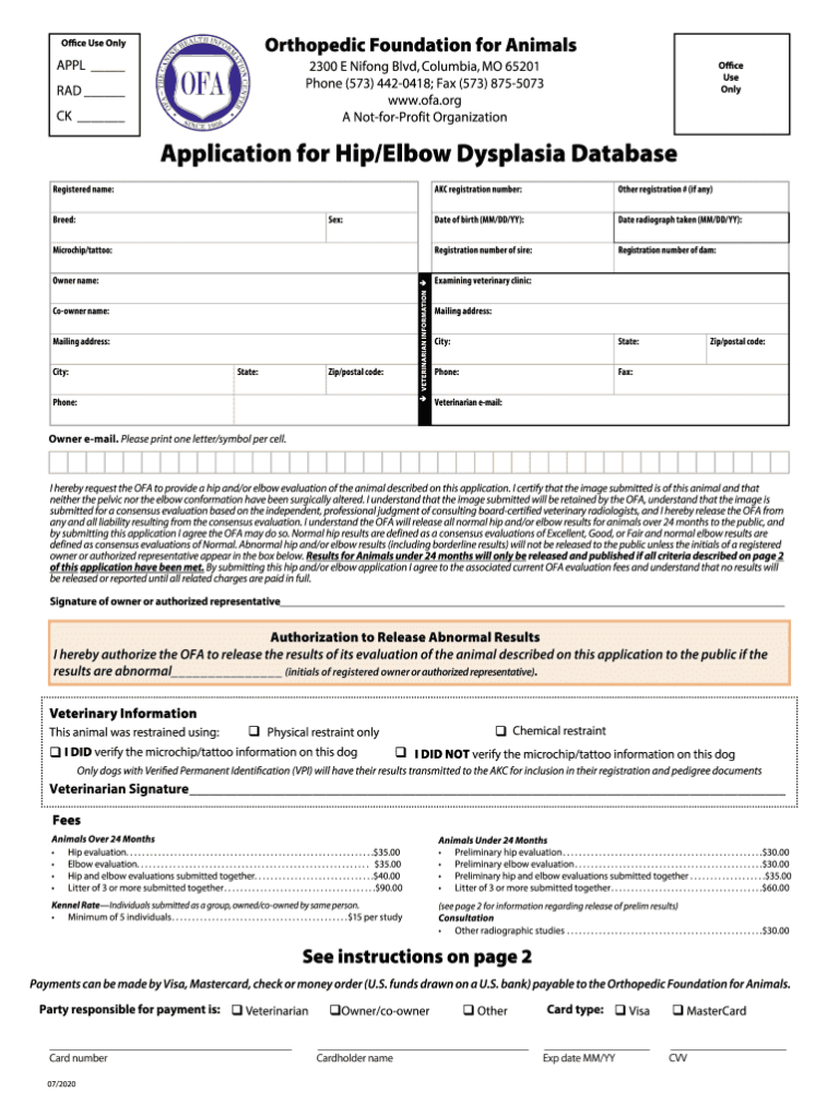 2020 2026 Form OFA Application For Hip Elbow Dysplasia Database Fill Out Sign Share Online PdfFiller