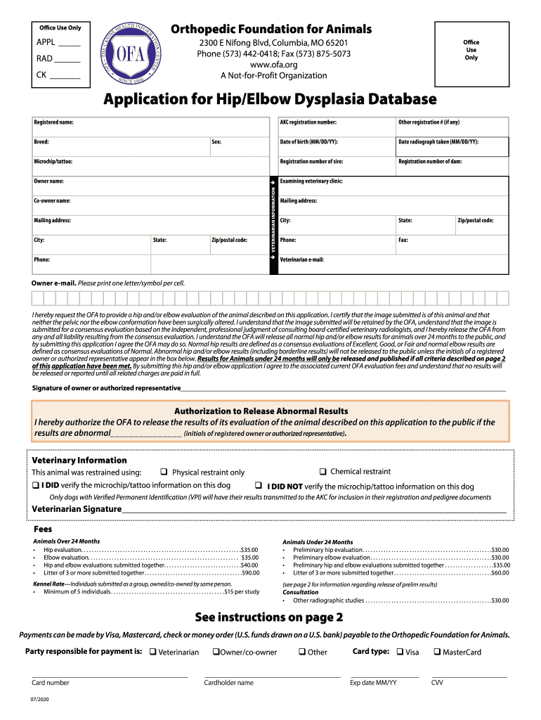 2020 2026 Form OFA Application For Hip Elbow Dysplasia Database Fill Out Sign Share Online PdfFiller