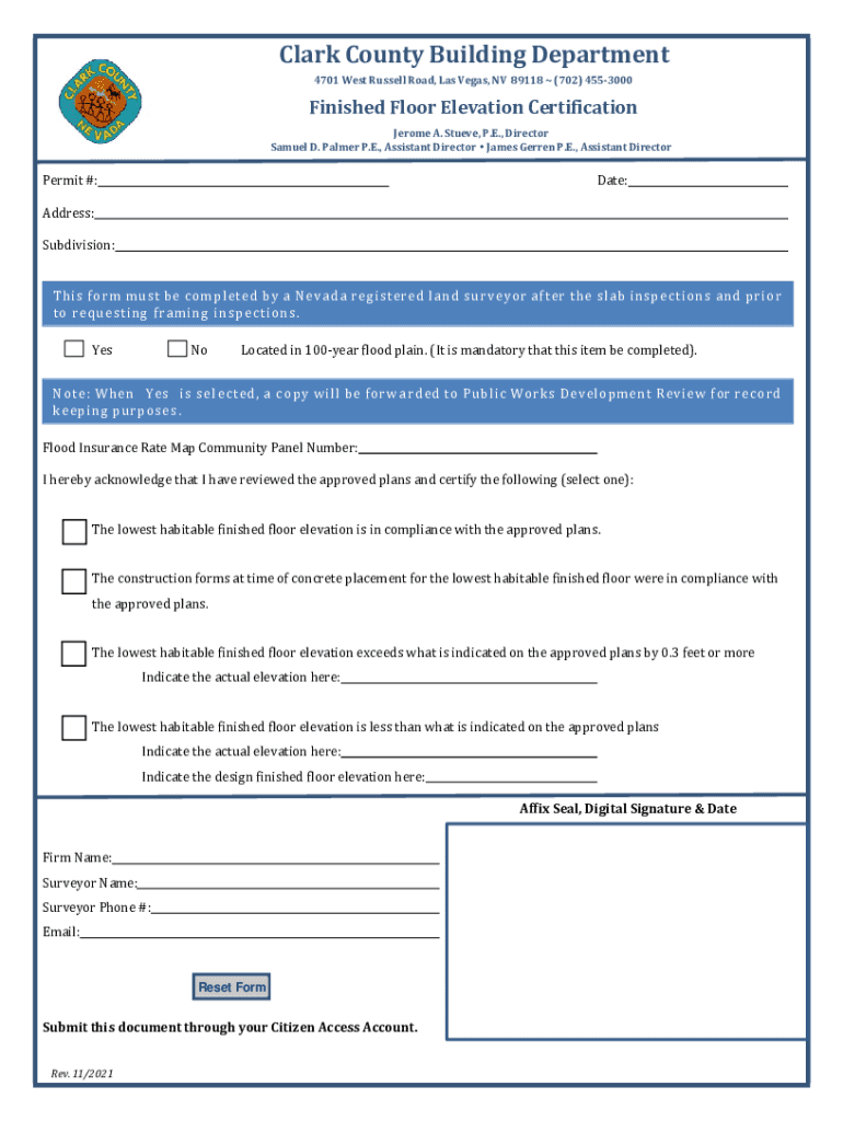 2021 2026 Form NV Finished Floor Elevation Certification Clark County Fill Out Sign Share Online PdfFiller