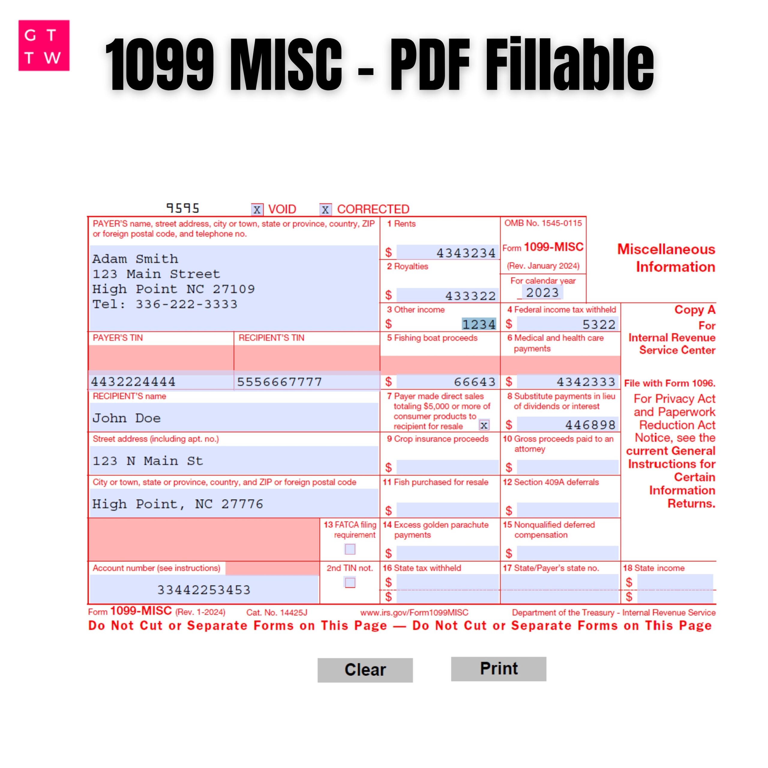 2024 1099 MISC Form Fillable Print Template digital Download Etsy Israel