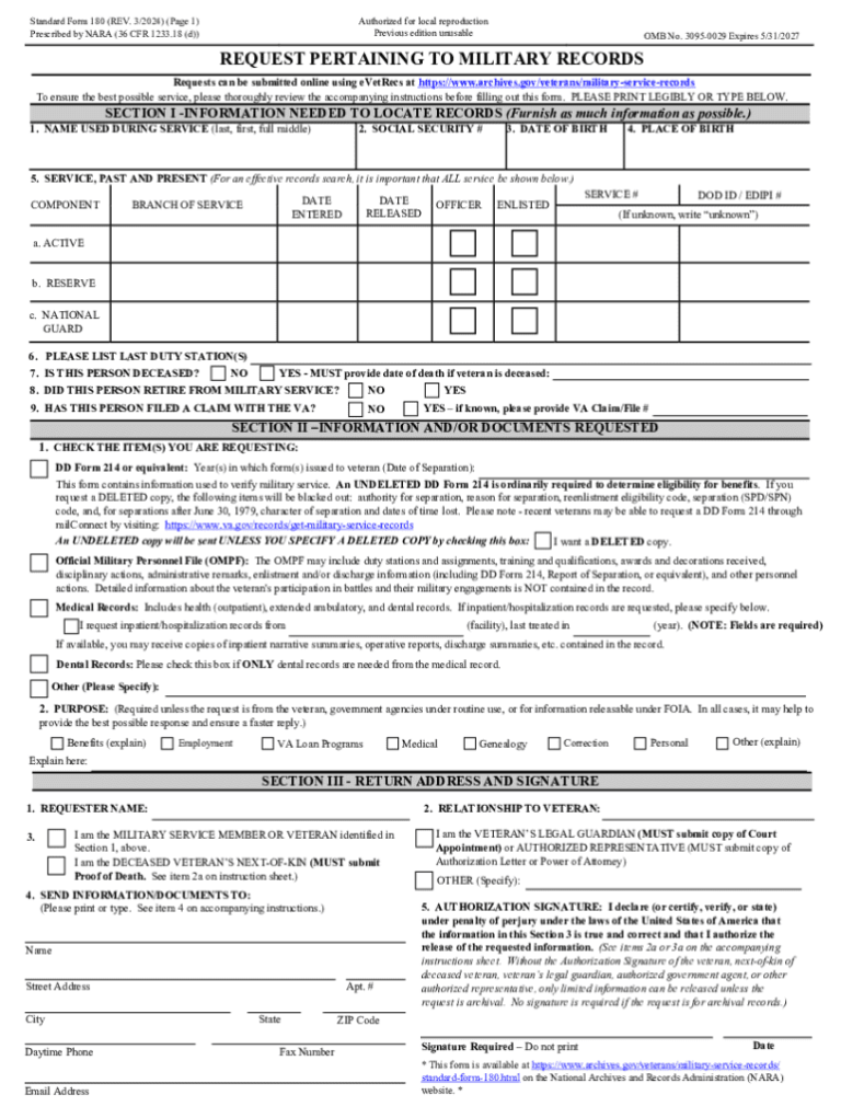 2024 2026 Form NARA SF 180 Fill Out Sign Share Online PdfFiller
