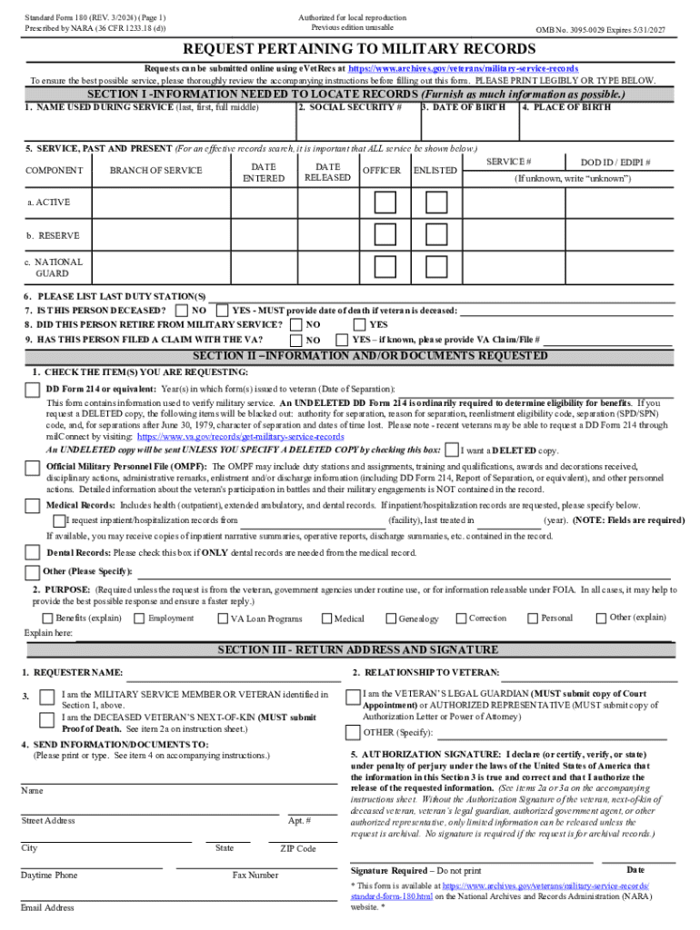 2024 2026 Form NARA SF 180 Fill Out Sign Share Online PdfFiller 2024 2026 Form NARA SF 180 Fill Out Sign Share Online PdfFiller
