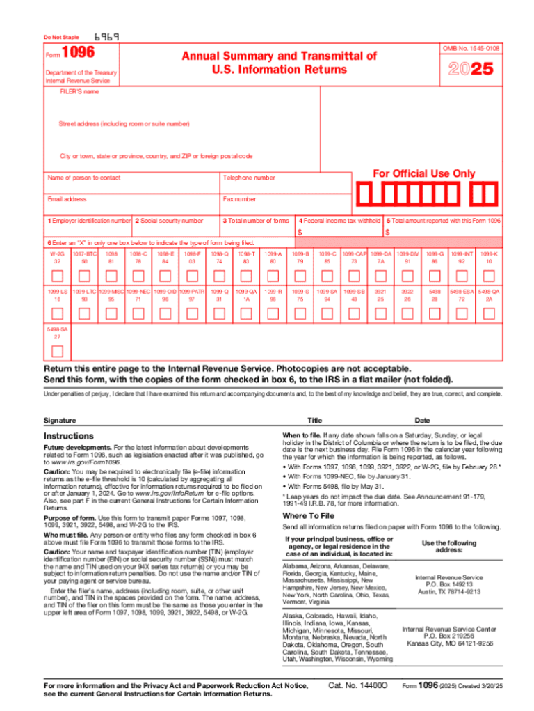 2025 Form IRS 1096 Fill Online Printable Fillable Blank PdfFiller