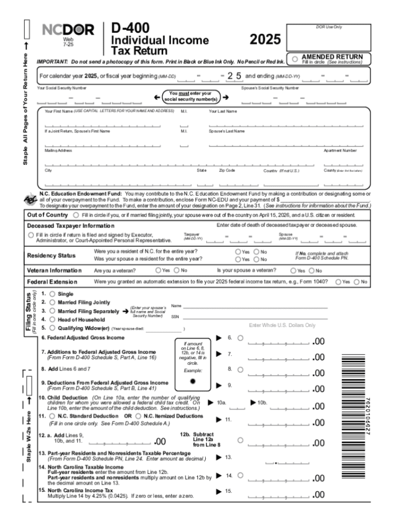 2025 Form NC DoR D 400 Fill Out Sign Share Online PdfFiller