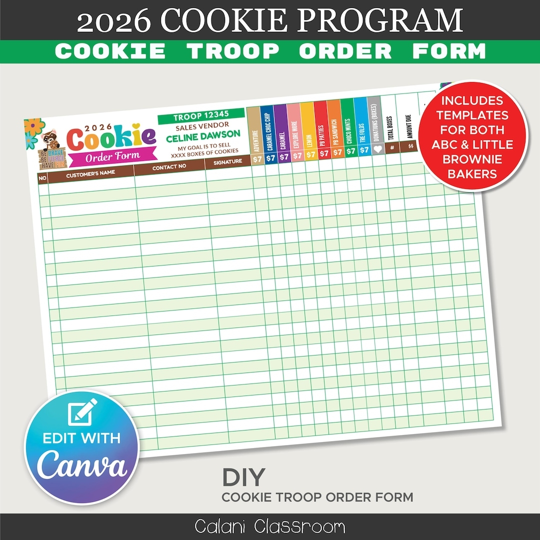 2026 Cookie Troop Order Form DIY Editable Cookie Marketing Kit For Scout Canva Template Etsy