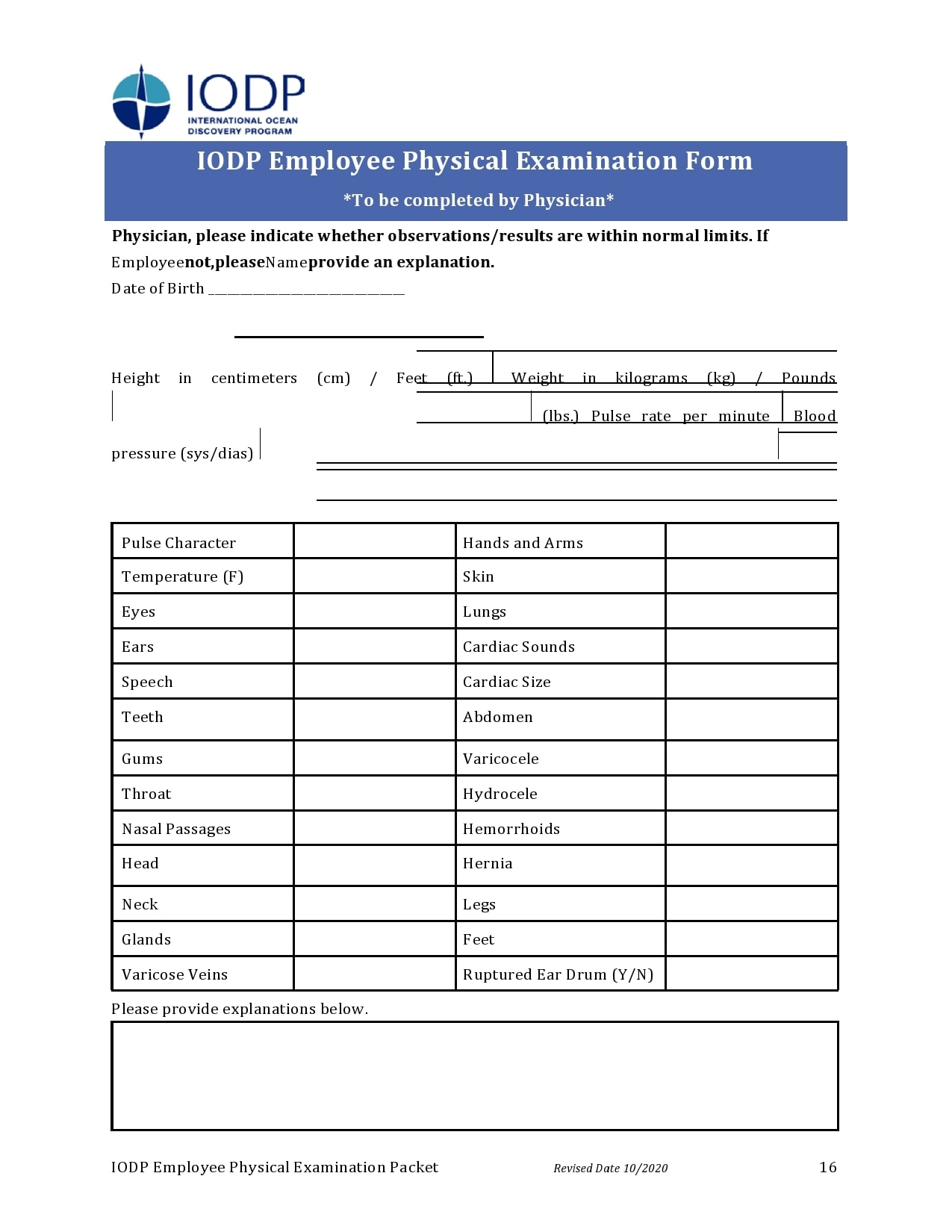 free printable annual physical exam form