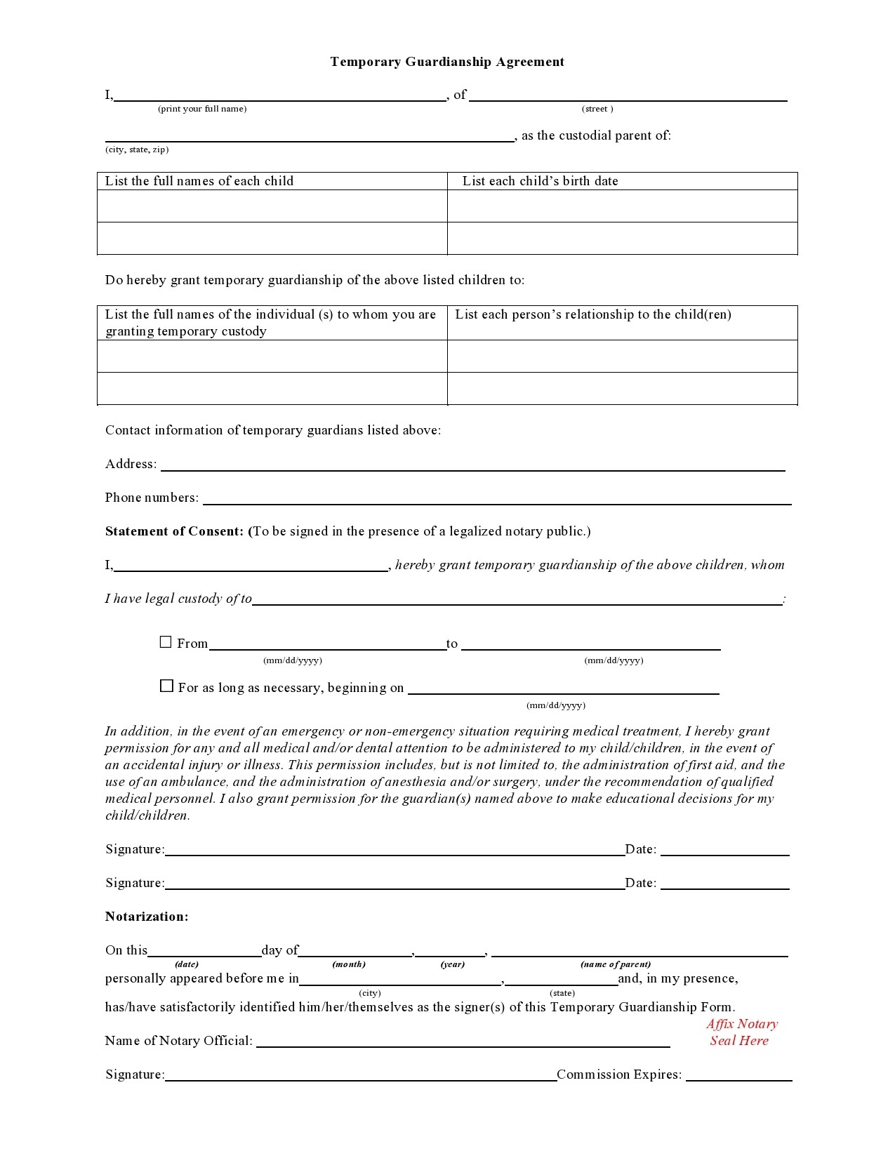 40 Printable Temporary Guardianship Forms All States 40 Printable Temporary Guardianship Forms All States