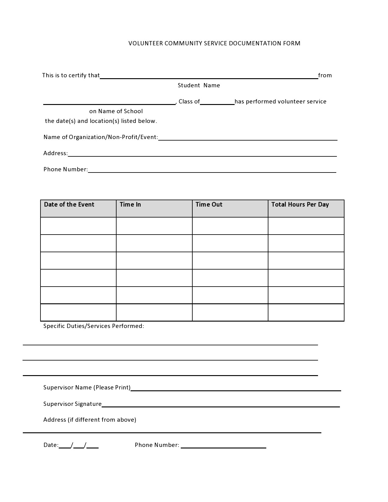 free printable community service forms