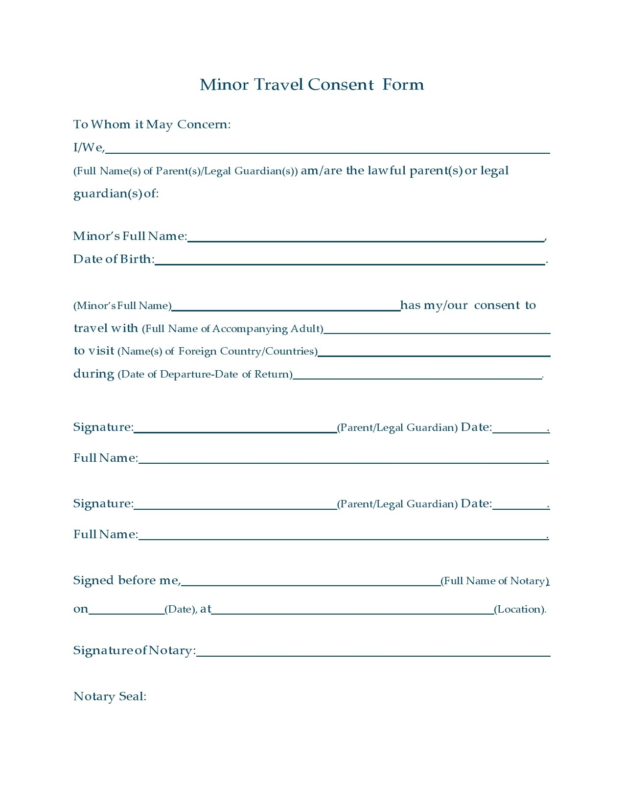 45 Printable Child Travel Consent Forms Word PDF 