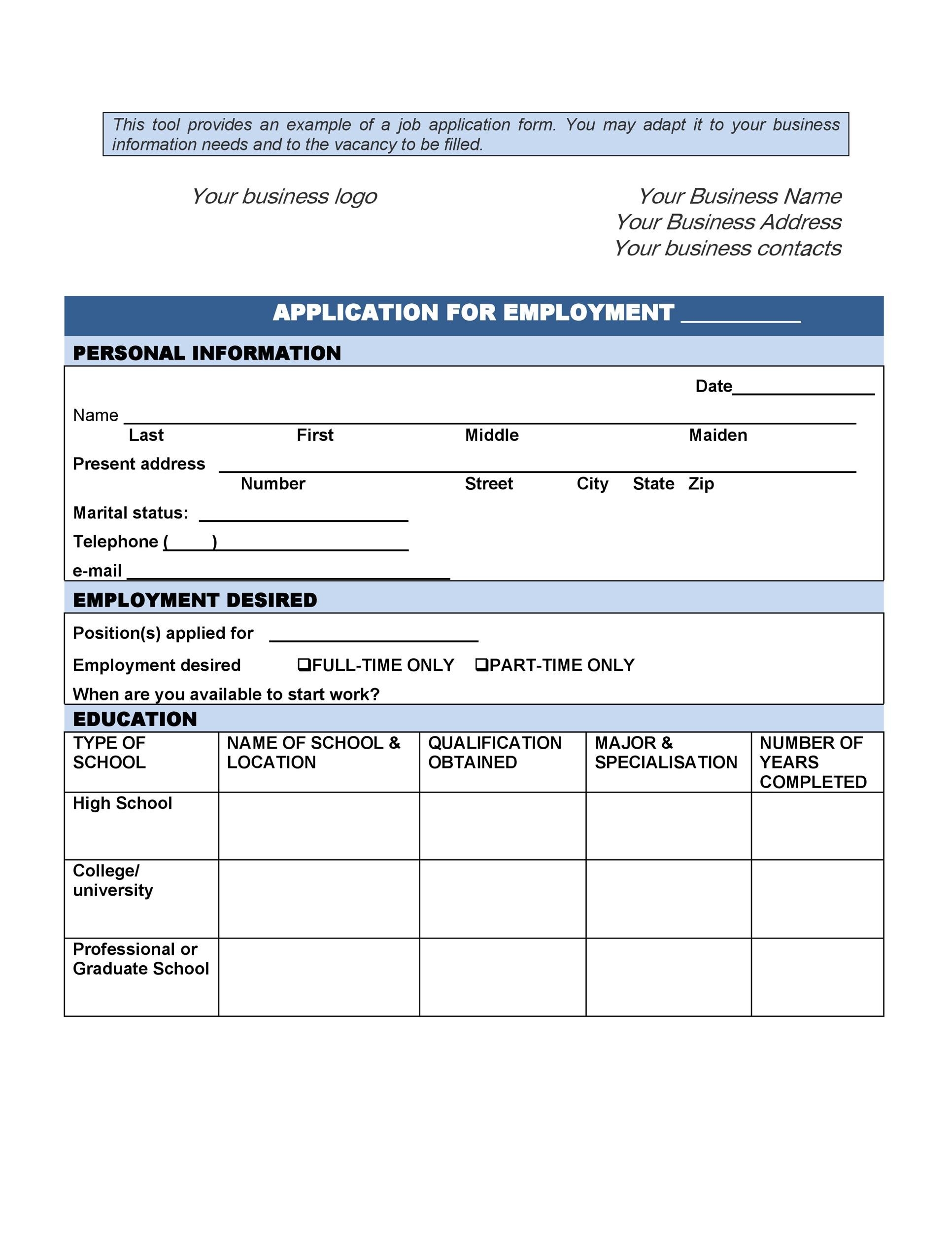 free printable application form