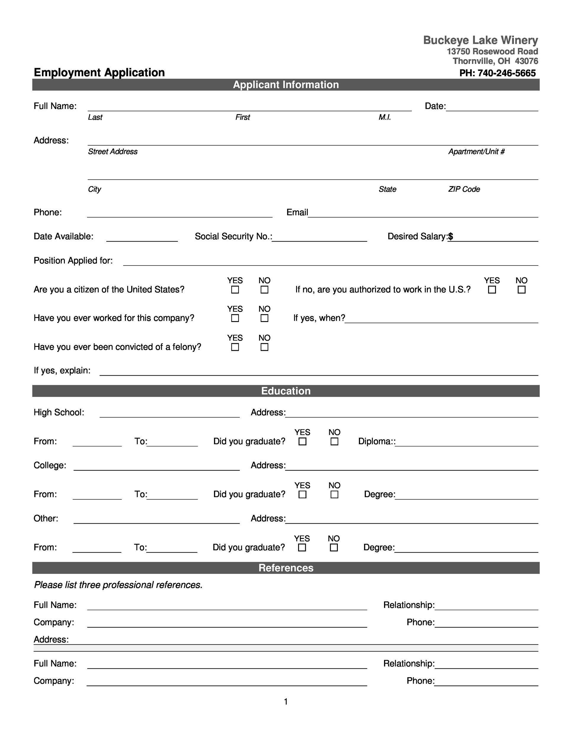 employment application form free printable