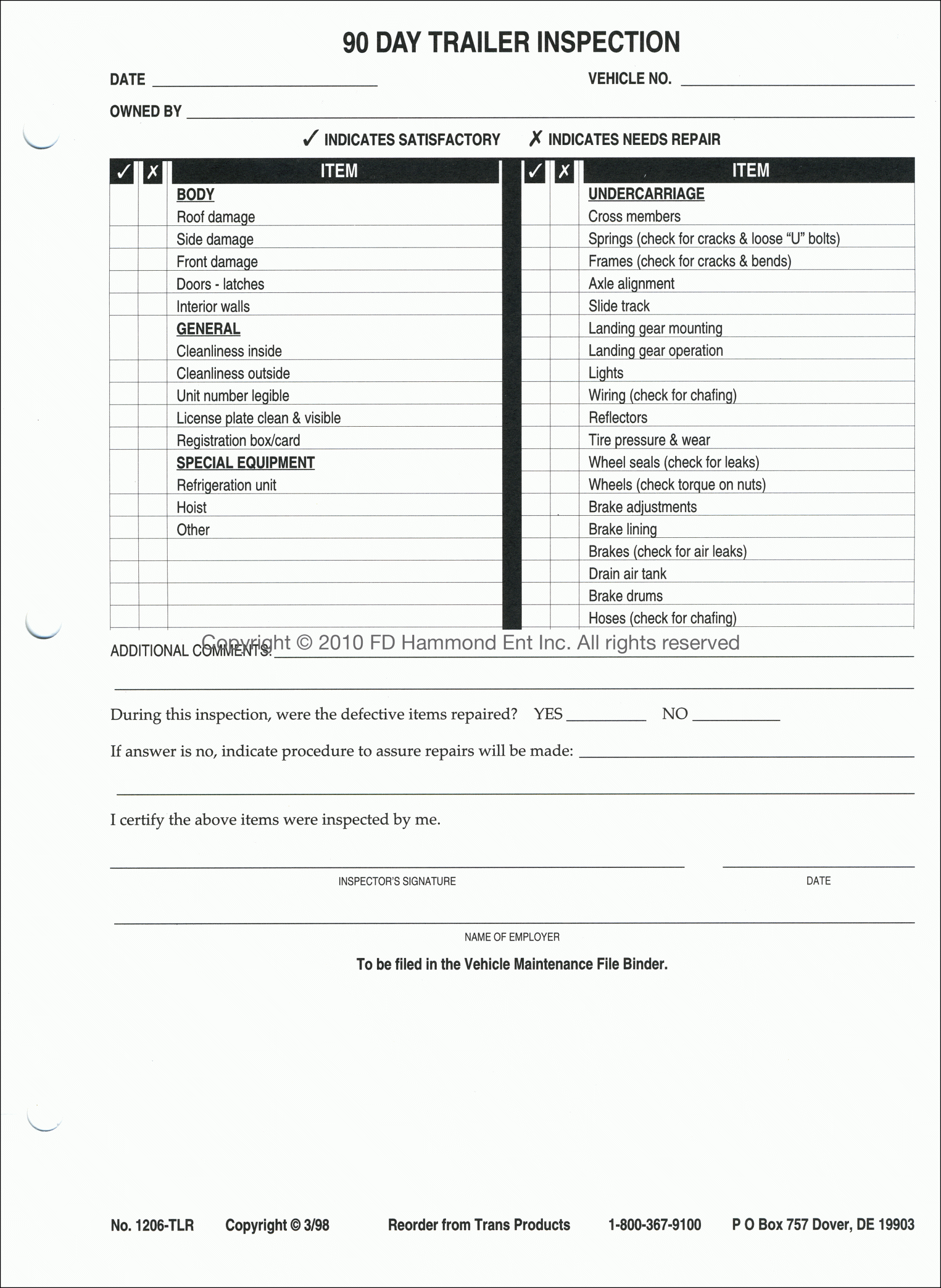 90 Day Trailer Inspection Sheets No 1206 TLR TransProducts 90 Day Trailer Inspection Sheets No 1206 TLR TransProducts