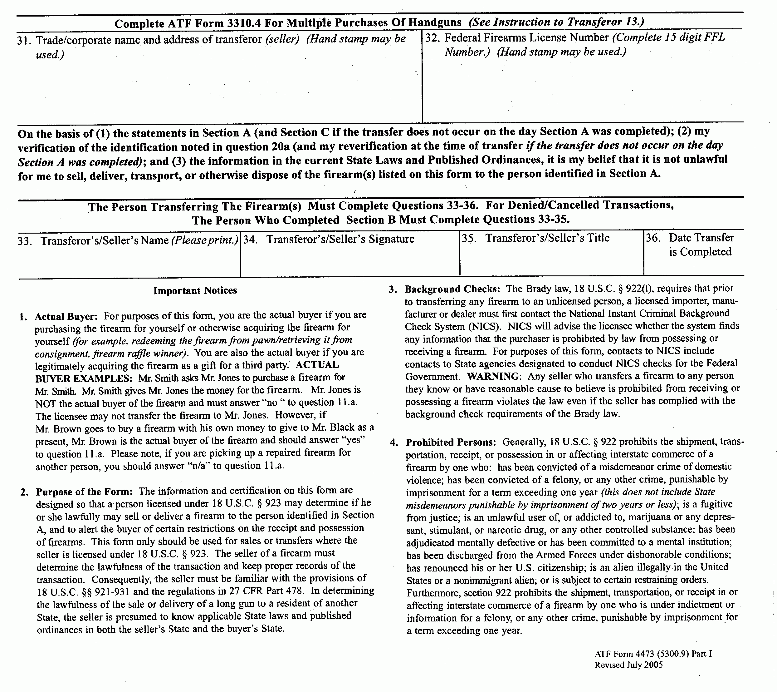 ATF Form 4473 July 2005 Revision ATF Form 4473 July 2005 Revision