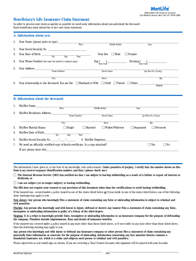 Beneficiary Life Insurance Claim Statement Fill Out Sign Share Online PdfFiller