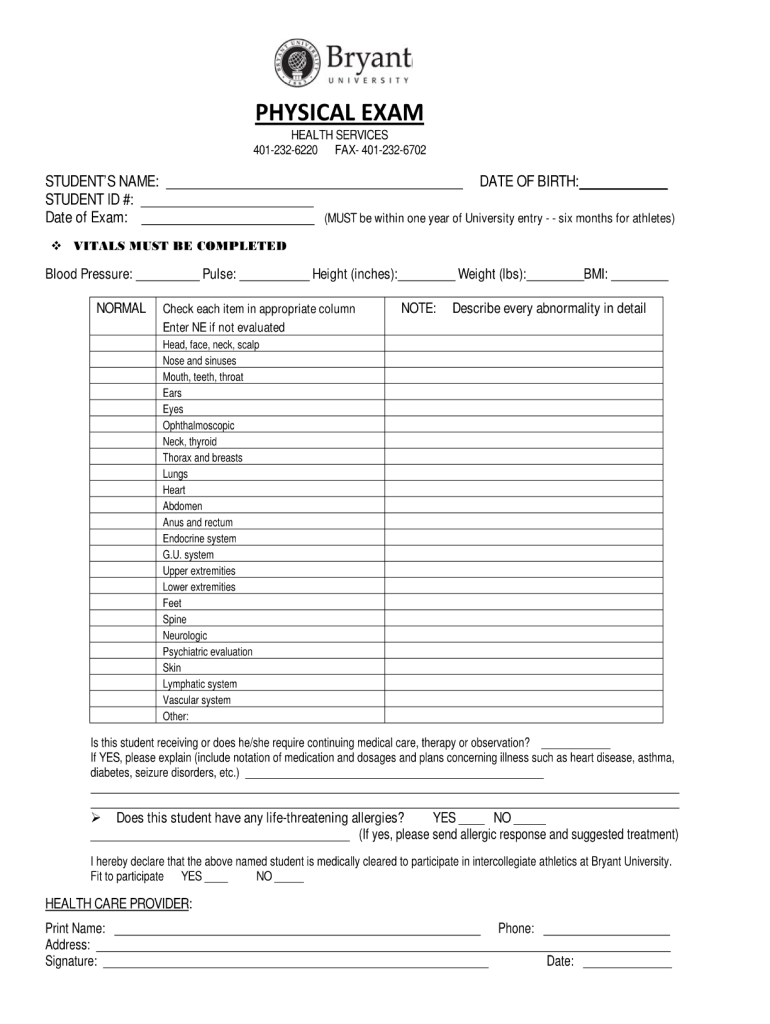 Bryant University Physical Exam Fill Out Sign Share Online PdfFiller