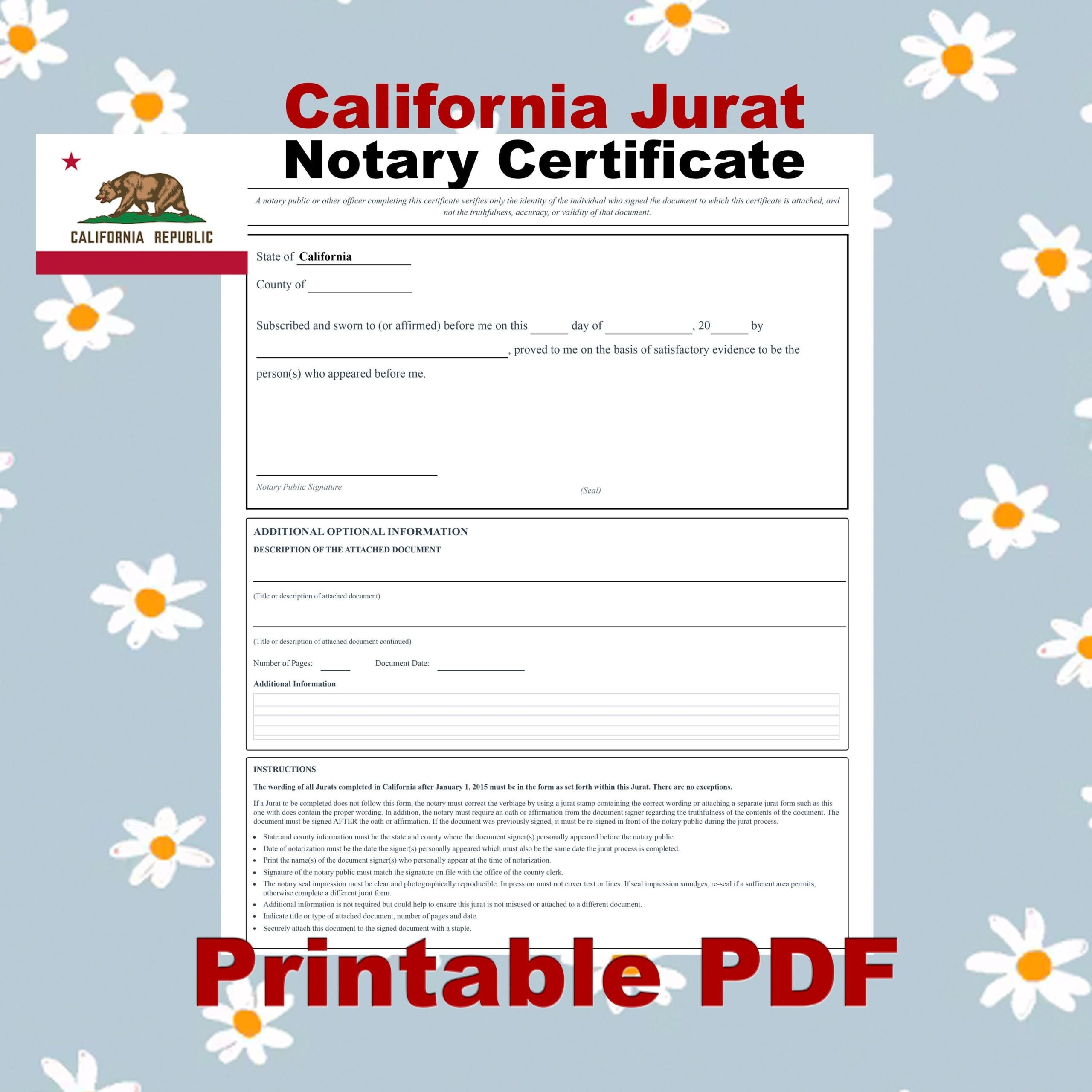 California Notary Jurat Form PDF Instant Download Etsy