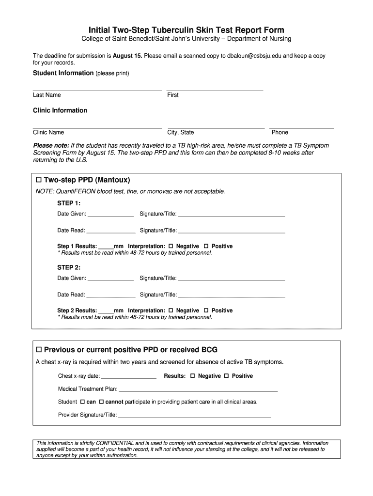 CSBSJU Initial Two Step Tuberculin Skin Test Fill Out Sign Share Online PdfFiller
