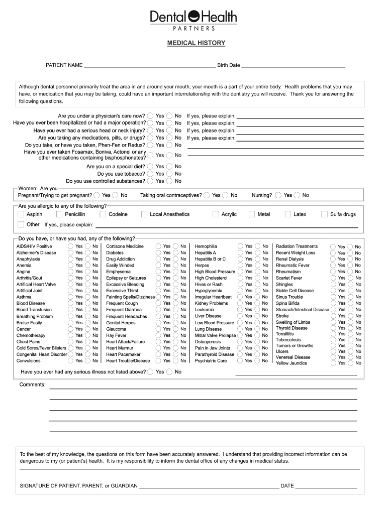 general printable medical history form template