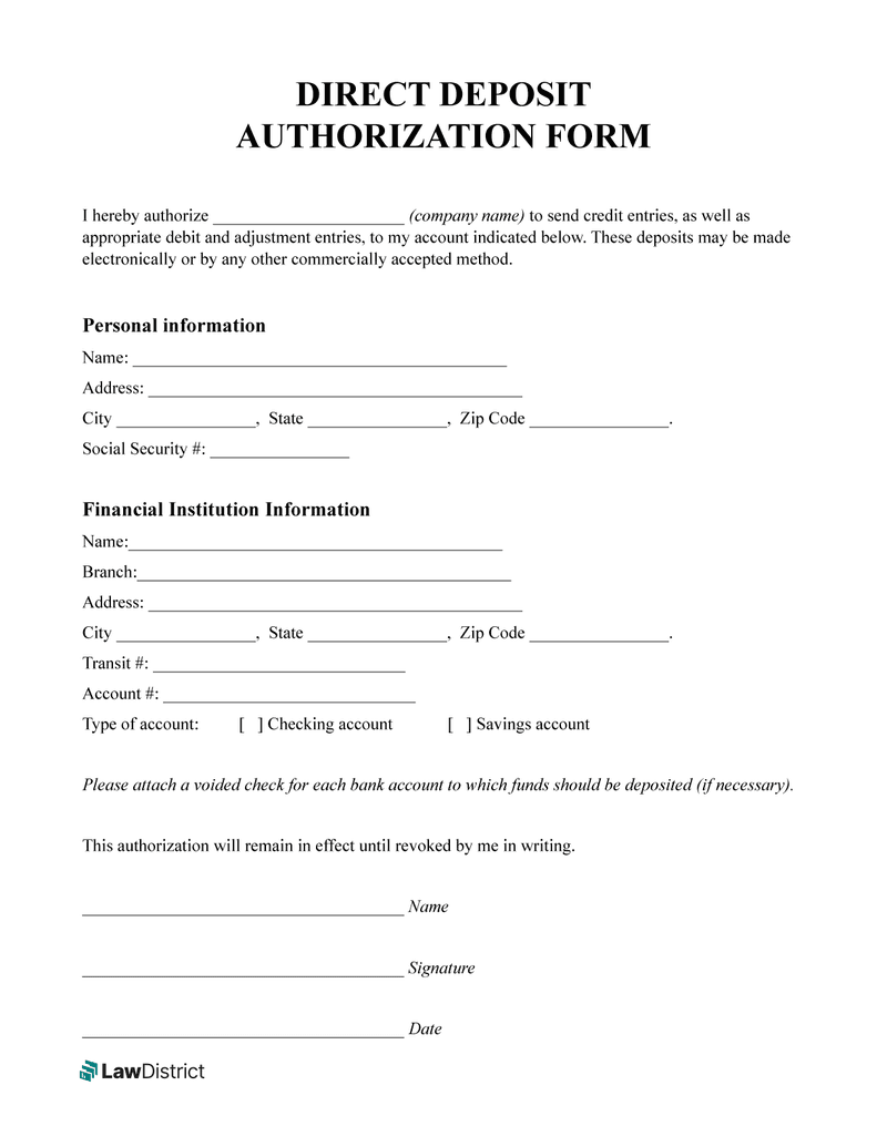 Direct Deposit Authorization Form Free PDF Lawdistrict Direct Deposit Authorization Form Free PDF Lawdistrict