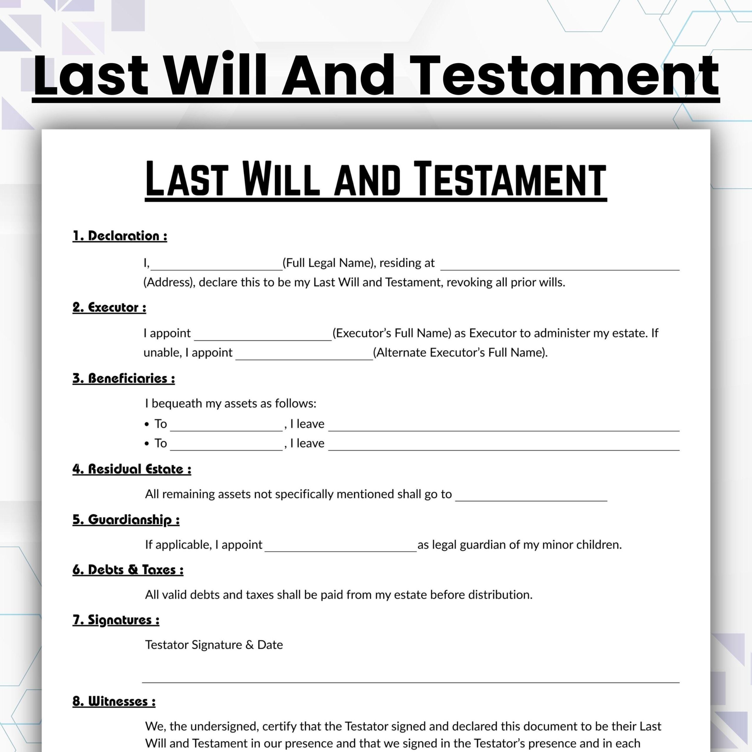 Editable Last Will And Testament Template Single Page Testament Form Printable Template For A Will Personalized Will Basic Will Template Etsy