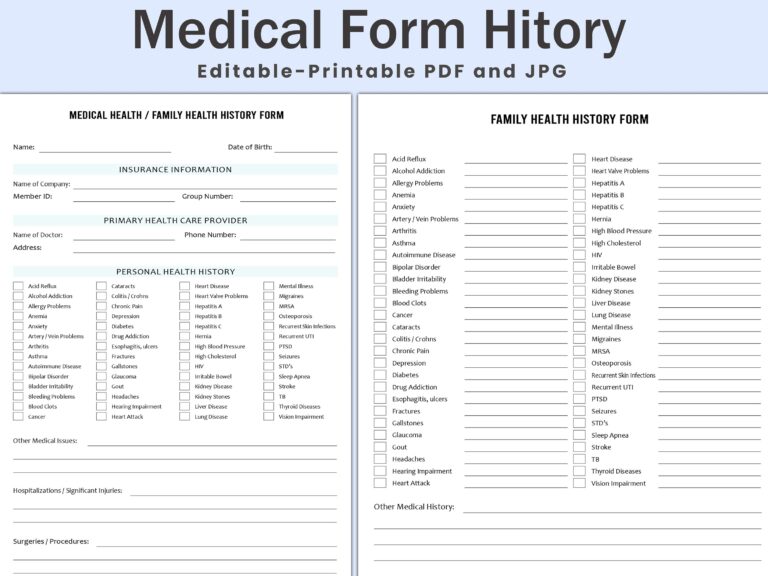 Editable Medical History Form Family Medical History Form Medical Record Personal Health History Medical Health Family Health History Etsy Finland