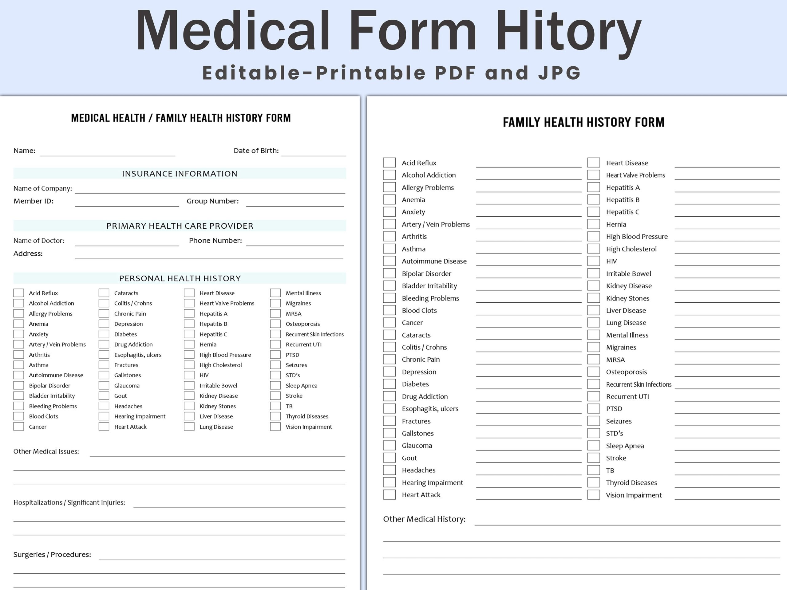 Editable Medical History Form Family Medical History Form Medical Record Personal Health History Medical Health Family Health History Etsy Finland