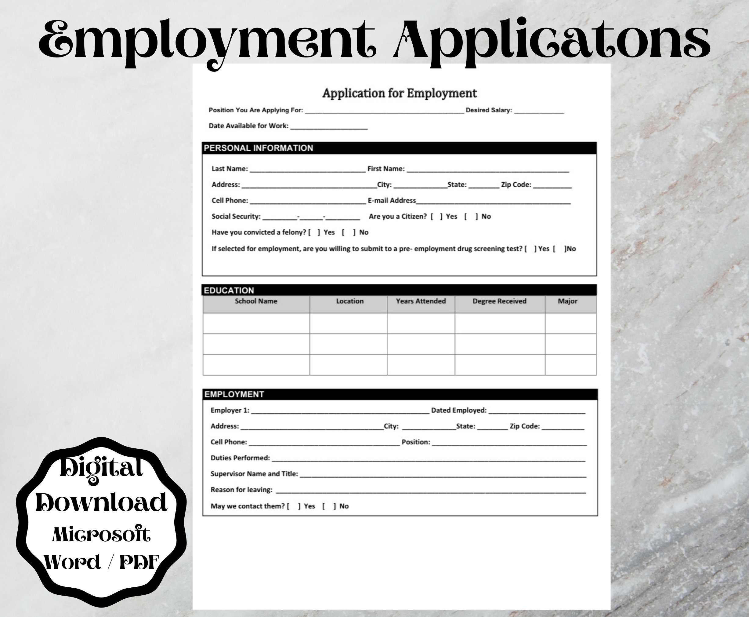 application for employment form printable