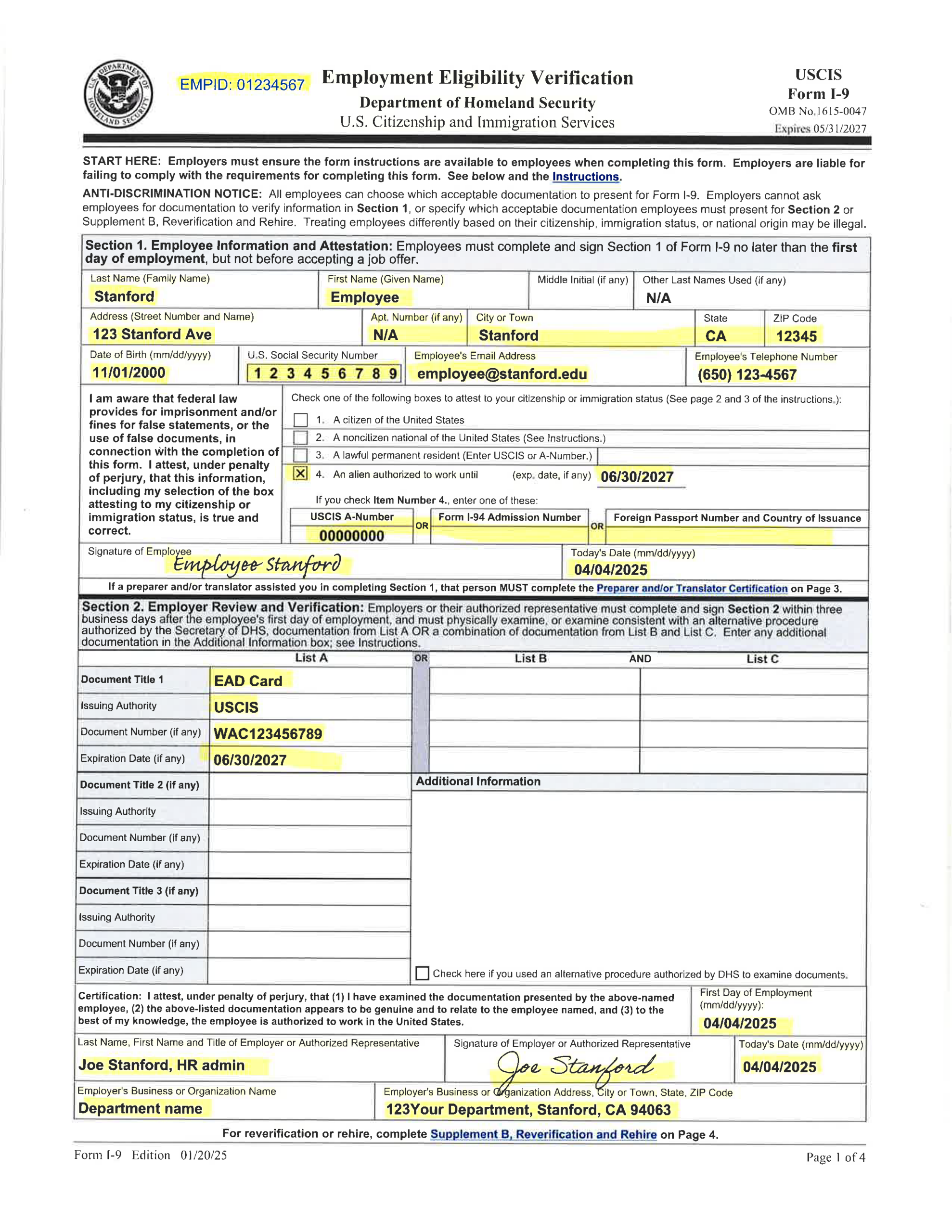 Examples Of Completed Form I 9 For Stanford Examples Of Completed Form I 9 For Stanford
