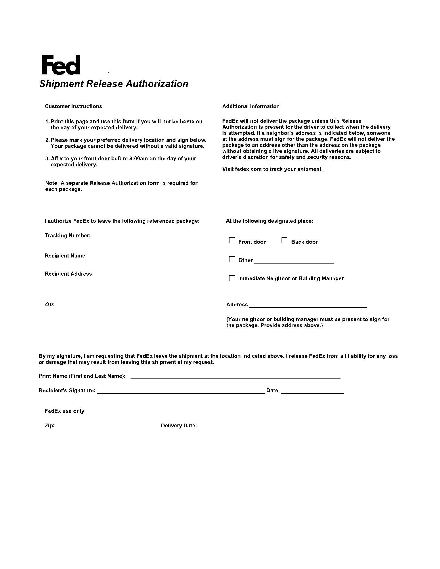 FedEx Door Tag Release Form Fill Download The PDF Online FedEx Door Tag Release Form Fill Download The PDF Online