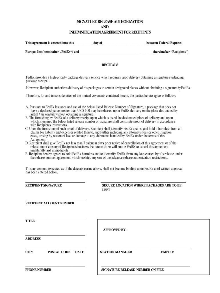 FedEx Signature Release Authorization And Indemnification Fill Out Sign Share Online PdfFiller FedEx Signature Release Authorization And Indemnification Fill Out Sign Share Online PdfFiller