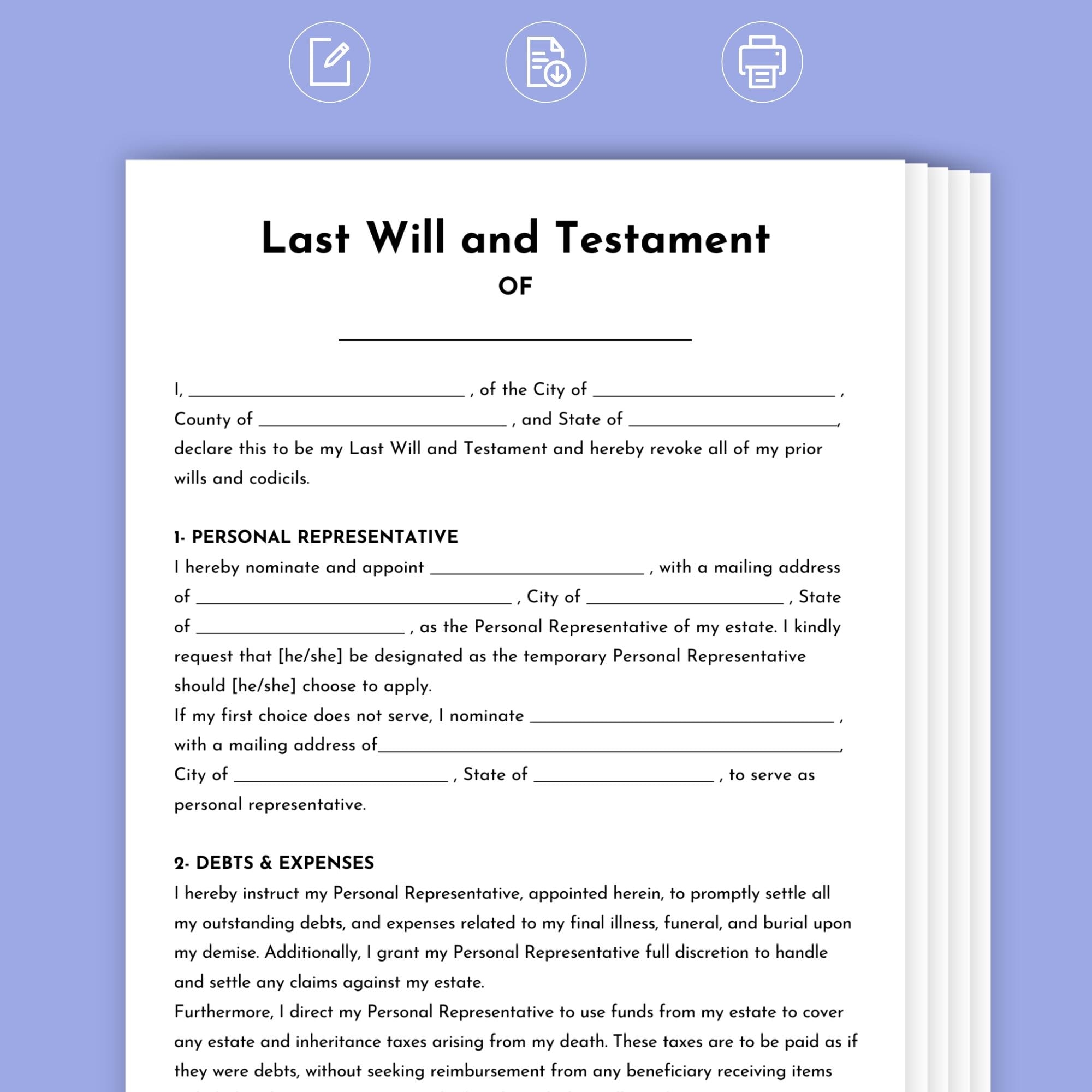 Fillable Last Will And Testament Template US Letter A4 2026 Etsy Israel