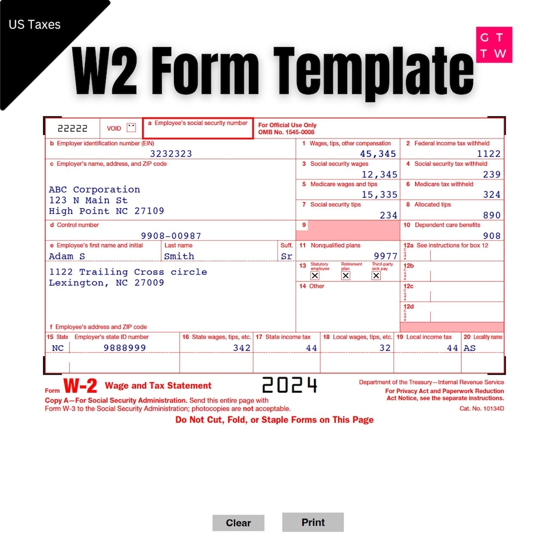 Fillable W2 Form 2024 Printable IRS Template digital Download Etsy