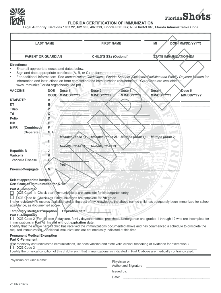 Florida Certification Of Immunization Fill Out Sign Share Online PdfFiller