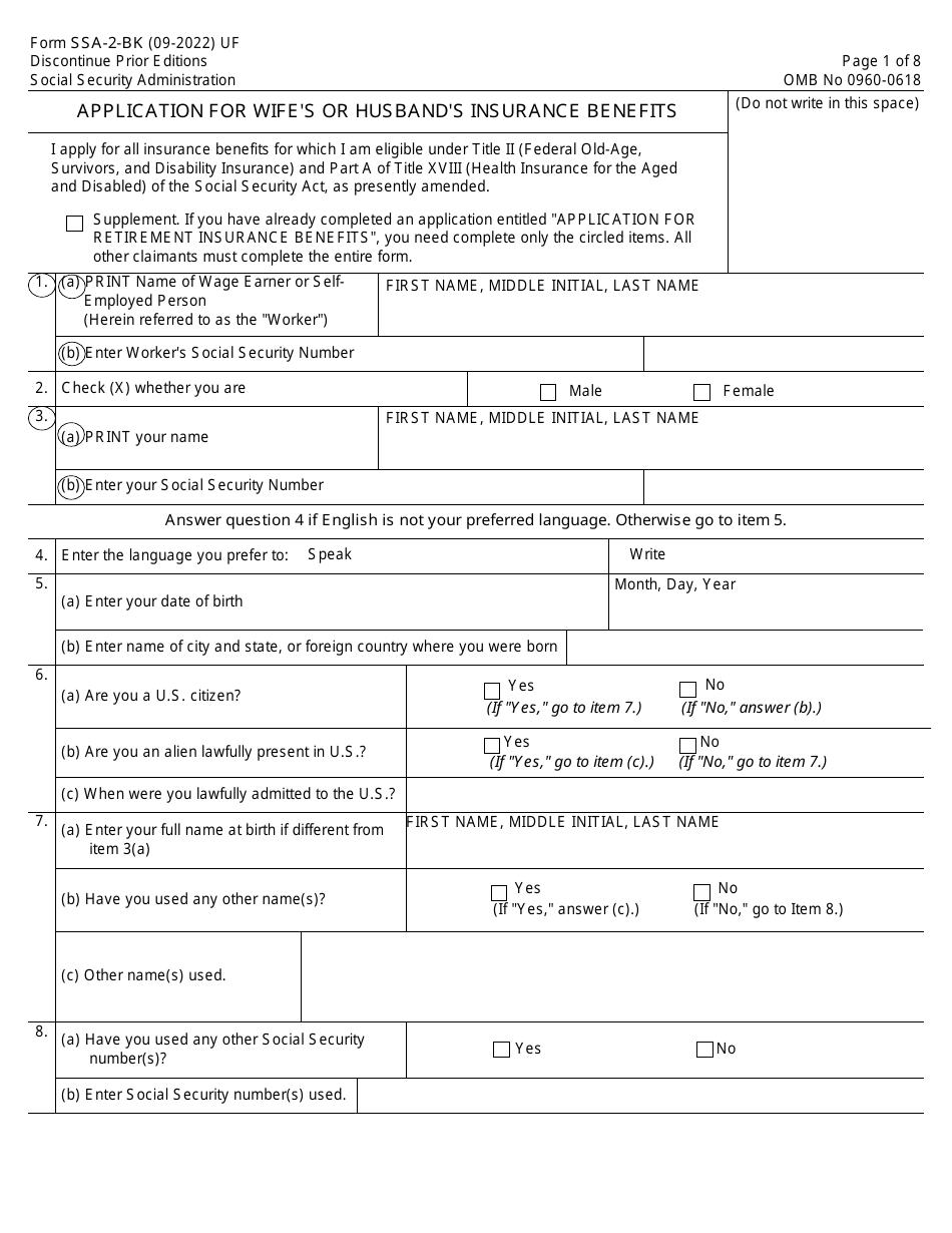 Form SSA 2 BK Download Fillable PDF Or Fill Online Application For Wife s Or Husband s Insurance Benefits Templateroller