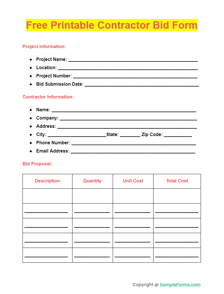 pdf free printable contractor bid forms pdf free printable contractor bid forms