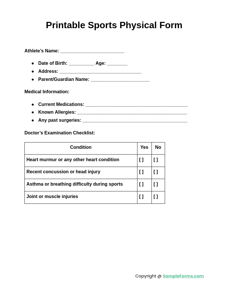 FREE 12 Sports Physical Form Samples PDF MS Word Google Docs